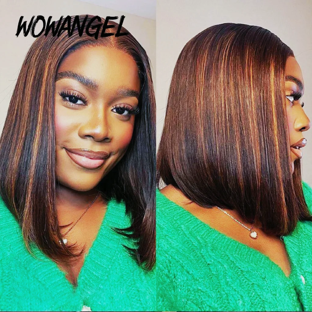Parrucche Bob corte diritte Wow Angel Parrucche per capelli umani anteriori in pizzo 13x4 1B30 #   Evidenzia parrucche prepizzicate con chiusura in pizzo HD 5x5 per donna