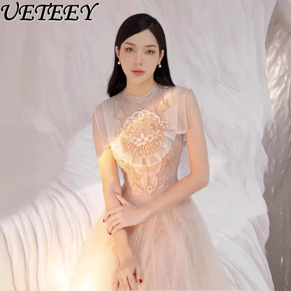 فستان تنحيف صيفي 2025 بلون الشمبانيا عالي الخصر بدون أكمام ومطرز على شكل فراشة شبكي منتفخ للحفلات فساتين قصيرة للأميرات