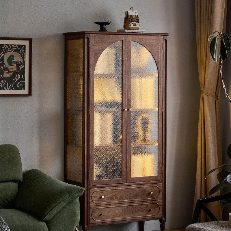 Meuble TV nordique en bois massif avec porte de placard, bibliothèque anti-poussière, meuble latéral avec porte en verre, meuble à livres illustrés en noyer noir