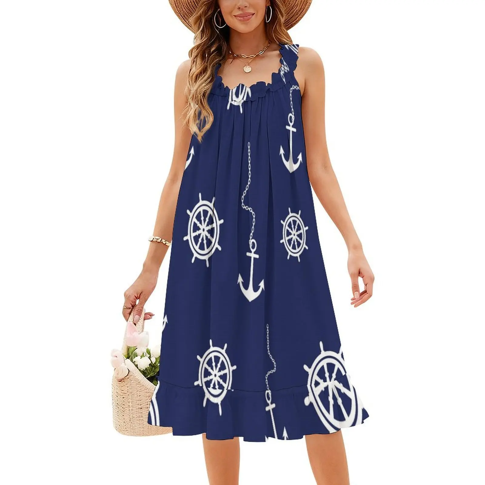 نمط البحرية والأبيض المراسي وعجلات القيادة بوهو شيك فستان أنيق موضة شاطئ حفل زفاف ثوب قارب قوارب مرساة #4