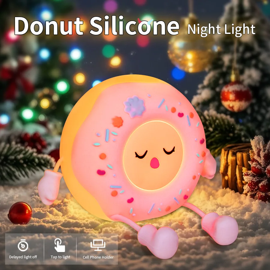 

Светодиодный ночник в виде пончика, мультяшная силиконовая настольная лампа, держатель для телефона, украшение для детской спальни, детские подарки на Рождество и день рождения