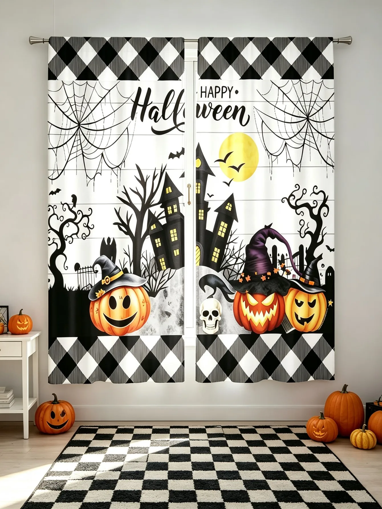 2PCS Digital Print Curtain, Diamond Grid Haunted Castle Halloween, Gothic Retro Spooky for Bedroom Living Room Kitchen
