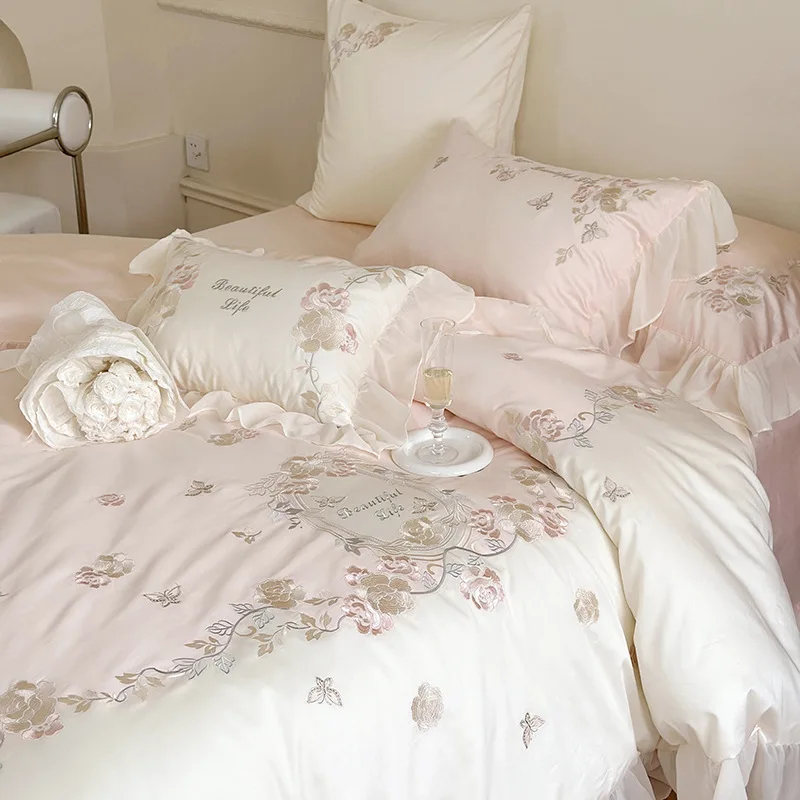 Girl Heart Tencel 100 double-strand long-staple cotton four-piece romantic flower embroidery quilt cover cotton