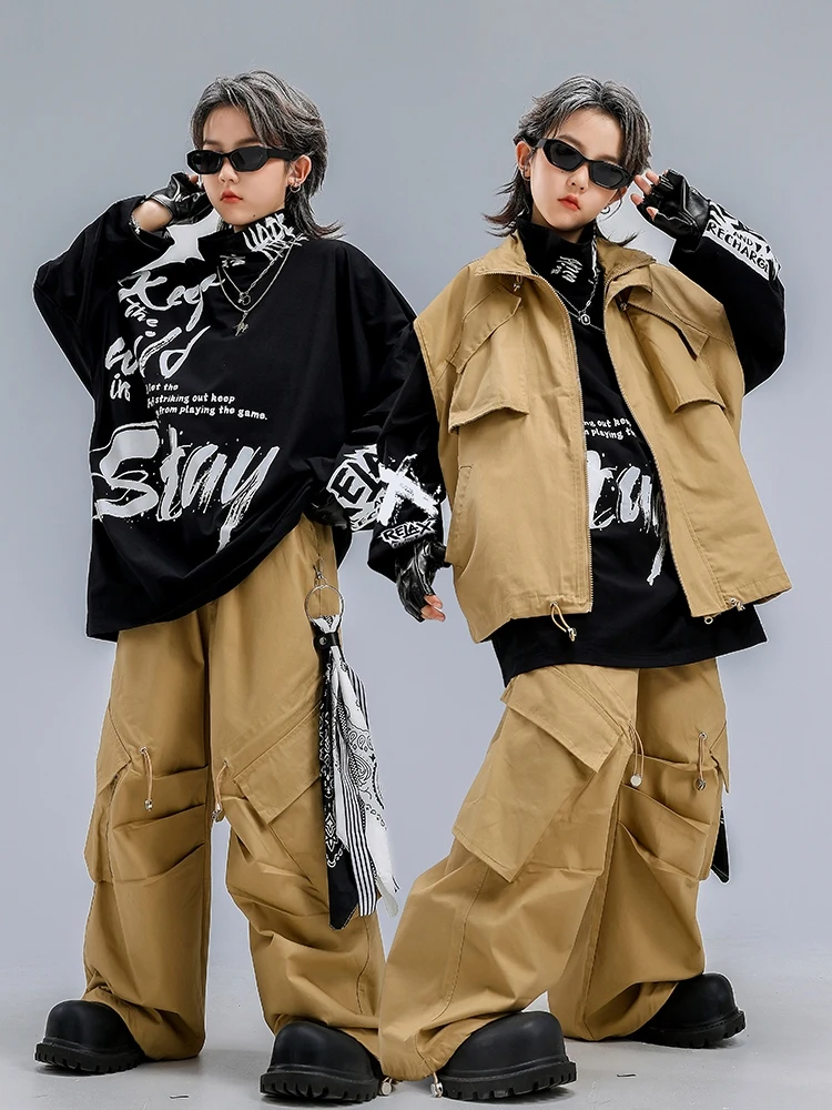 

2026 Khaki Vest Loose Pants Boys Hip Hop Dance Street Clothing For Girls Fashion Modern Jazz Performance Stage Costumes DQS20763