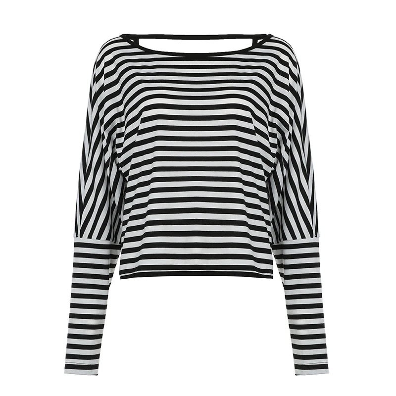 CIBBAR Fashion Backless T-shirt y2k Streetwear Full Sleeve Off-shoulder Crop Top Harajuku Striped Loose Autumn Tee Office Ladies