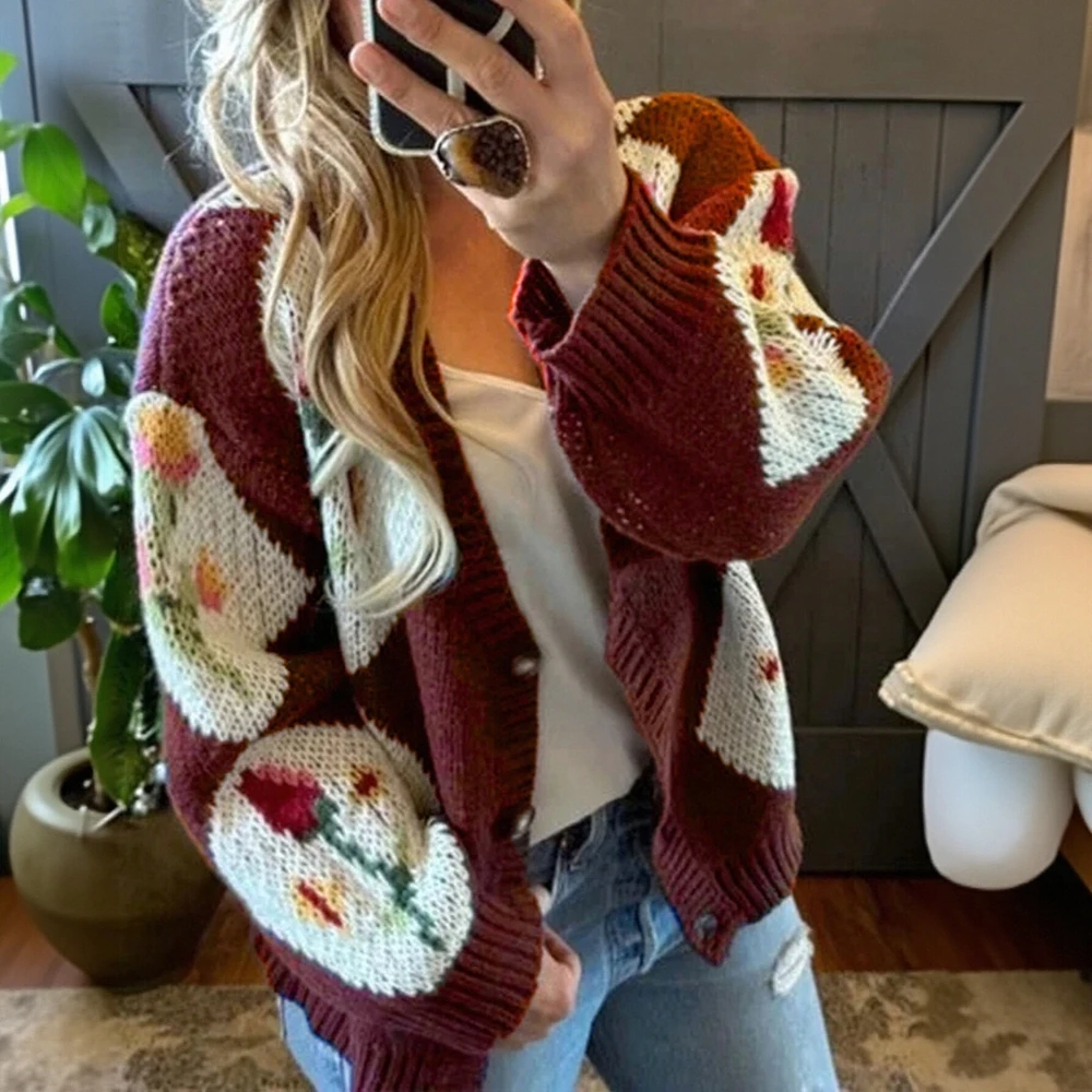 

Women's Long Sleeve Cardigan Autumn Fashion Loose Fit Button Front Daily Basic Outerwear Flower Print