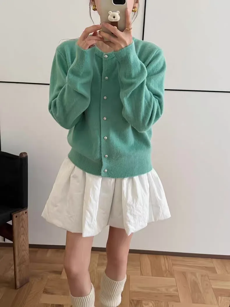 Ele ort Knitted Cardigan with Fine Silver Buttons Casual round Ne Waist-Cinching Korean Sle Women's Top