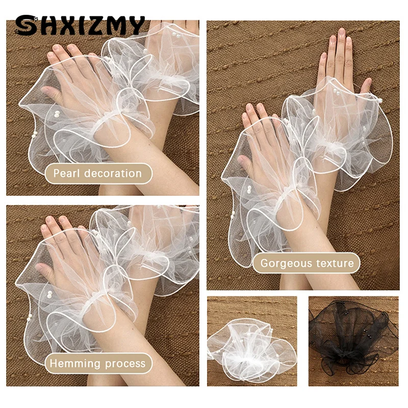 1Pair Nail Art Tulle Fake Pleated Cuff Photo Backgrounds For Nail Photography Nail Tips Display Embellish Pearls Tulle Sleeve