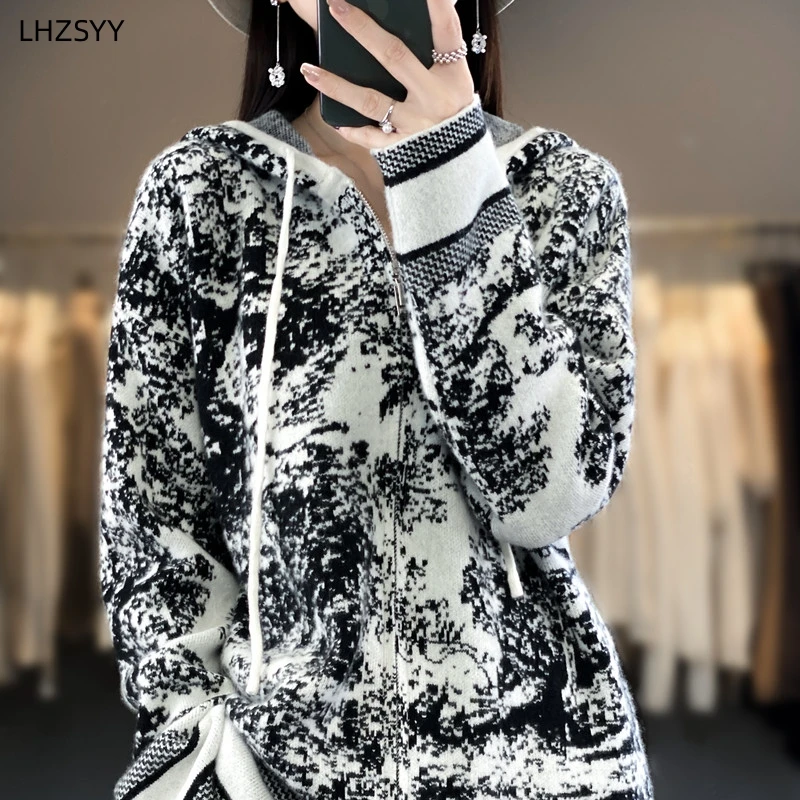 LHZSYY Hooded Cashmere Sweater Women\'s Zipper Knit Cardigan Autumn Winter New Graffiti Coat Warm Large size Shirt Ladies Jacket