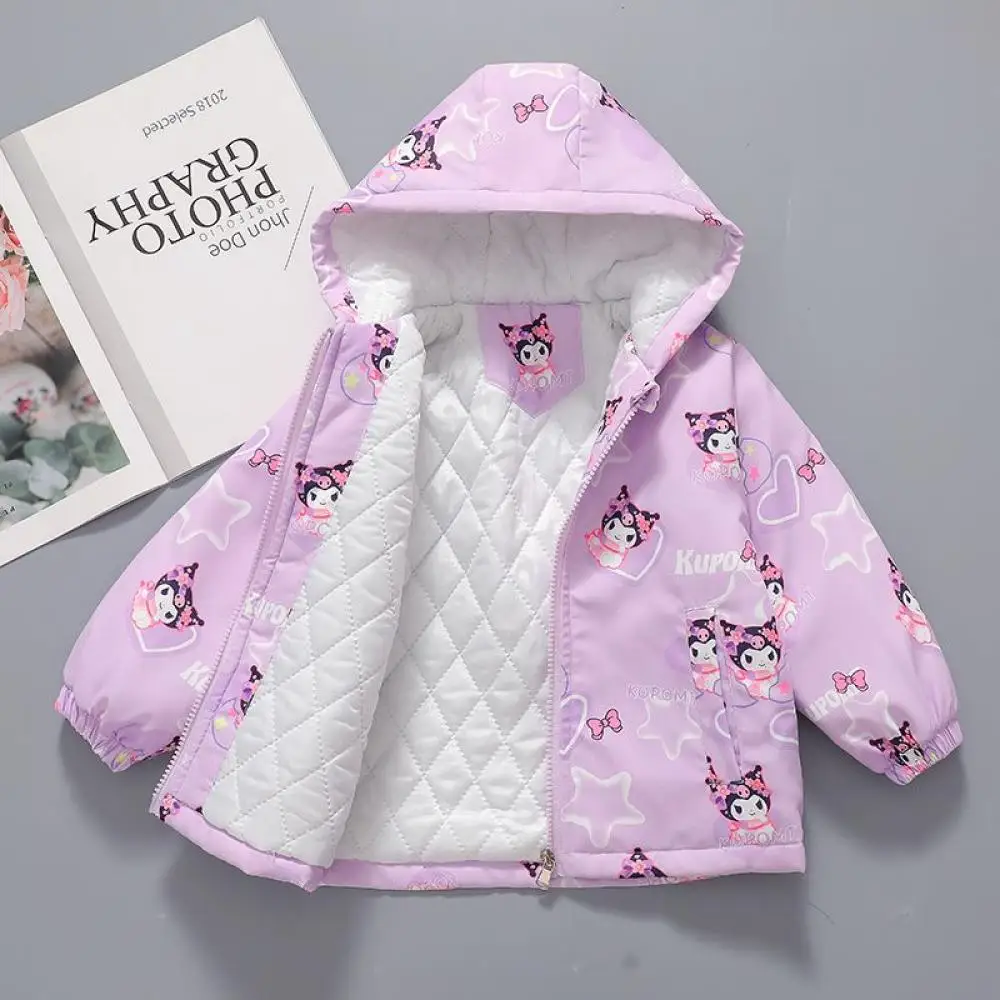 Kawaii Kuromi Children Hooded Jacket Anime Sanrios Cartoon Fashion Thicken Warm Autumn Winter Girls Cute Zipper Outdoor Jackets