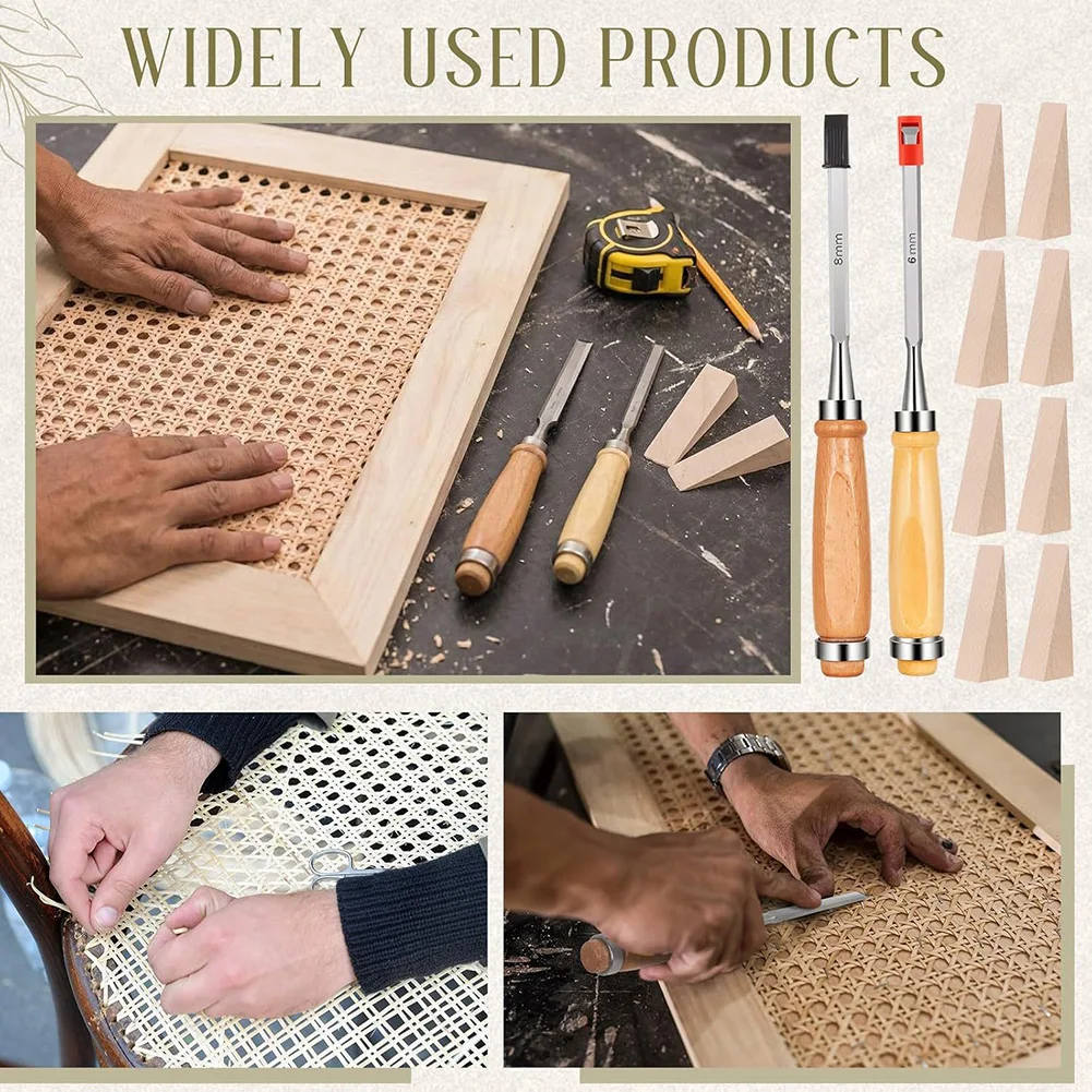 12 Piece Rattan Furniture Repair Kit with Natural Fiber Weaving Strips Chisels and Wooden Wedges for Durability