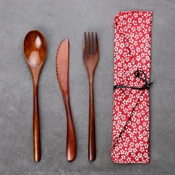 New Portable Wooden Cutlery Bamboo Flatware With Bags Spoon Fork Cutter Reusable Dinnerware Tableware