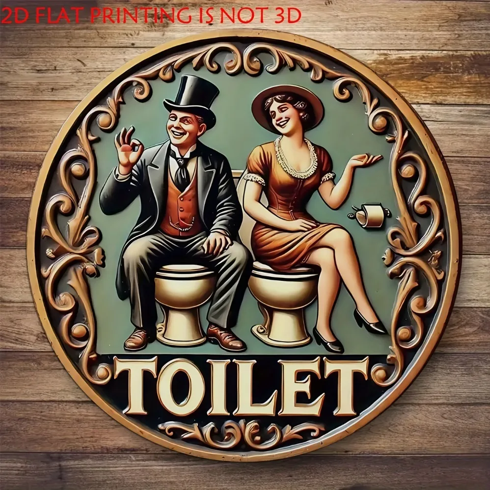 Retro Metal Toilet Sign - Elegant Floral Relief Style | With Top-Hatted Character, Delicate Details | Subtle Decor for Home,