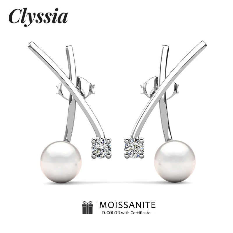 

CLYSSIA 925 Sterling Silver Moissanite & Pearls Drop Earrings Real 18k White Gold Plated for Women Trendy Jewelry Gifts with GRA