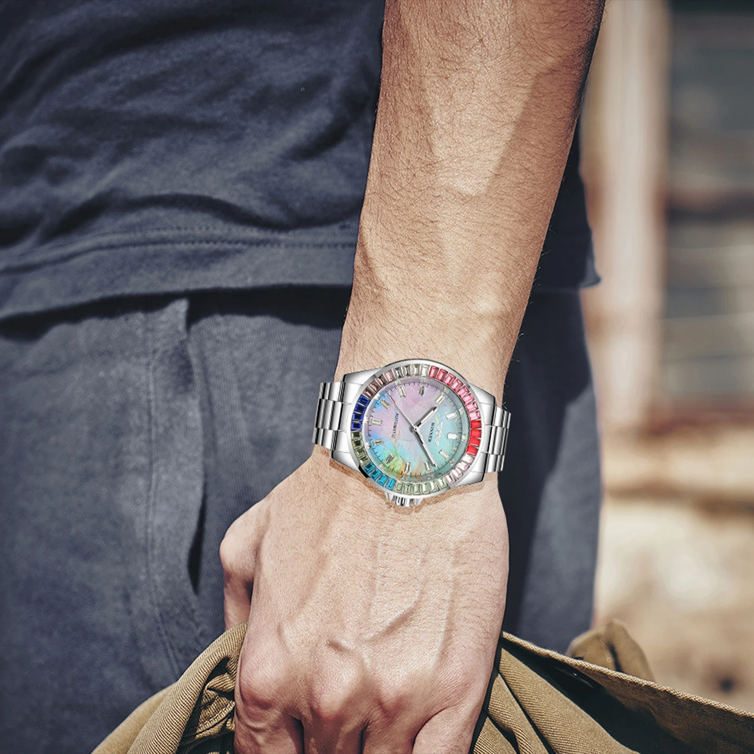 Luxury Brands WINNER Colored Diamonds Man Watch Automatic Movement Mechanical Clock Stainless Steel Waterproof Replica Watches