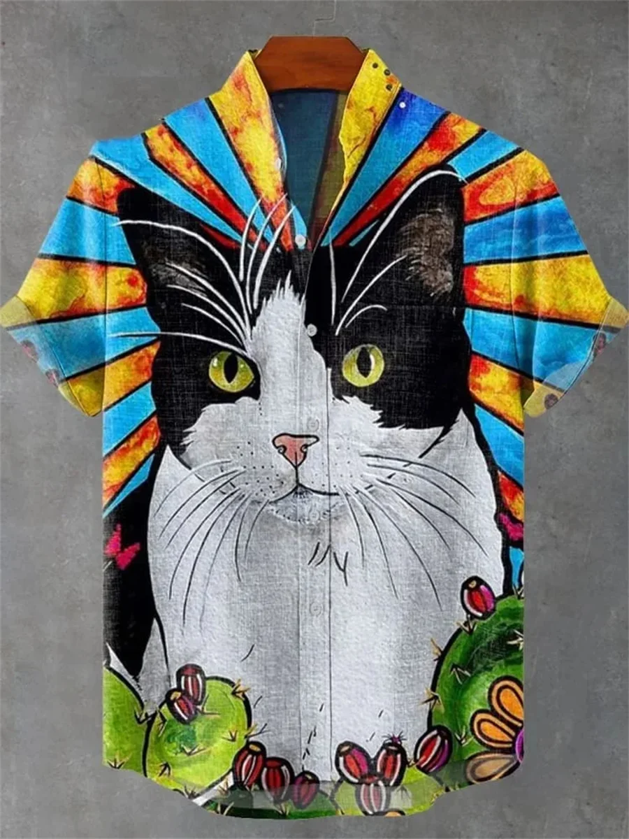 Men's shirt art 3D printing casual new linen shirt, kitten series shirt, comfortable and breathable fabric