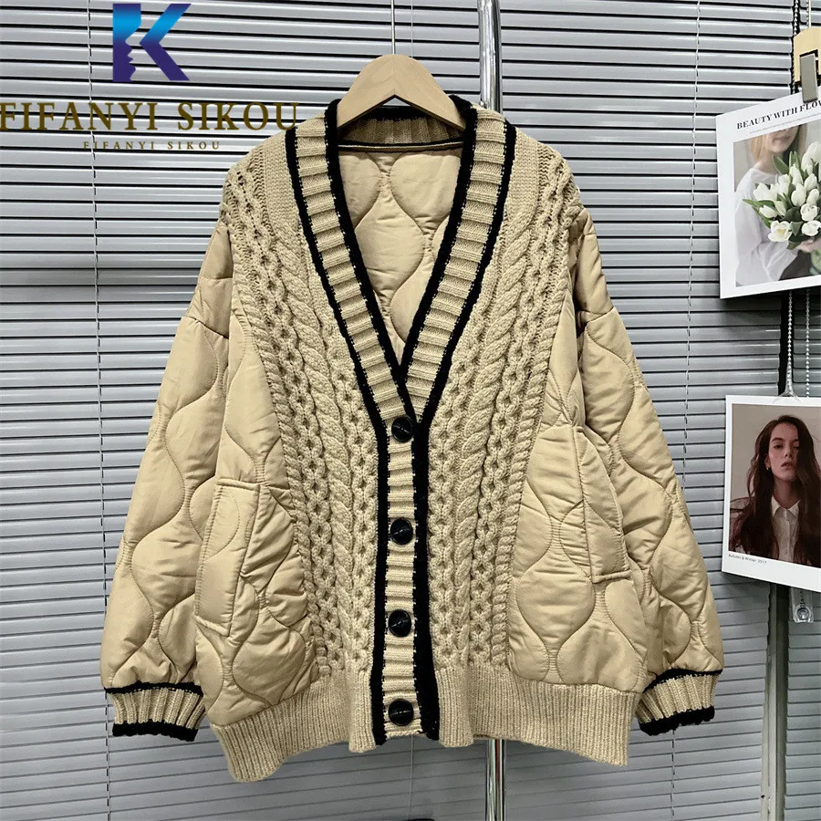 

Knitted Spliced Down Jackets Women Short Parkas V-Neck Single Breasted Fashion Casual Cotton Coat Female Loose Winter Jacket