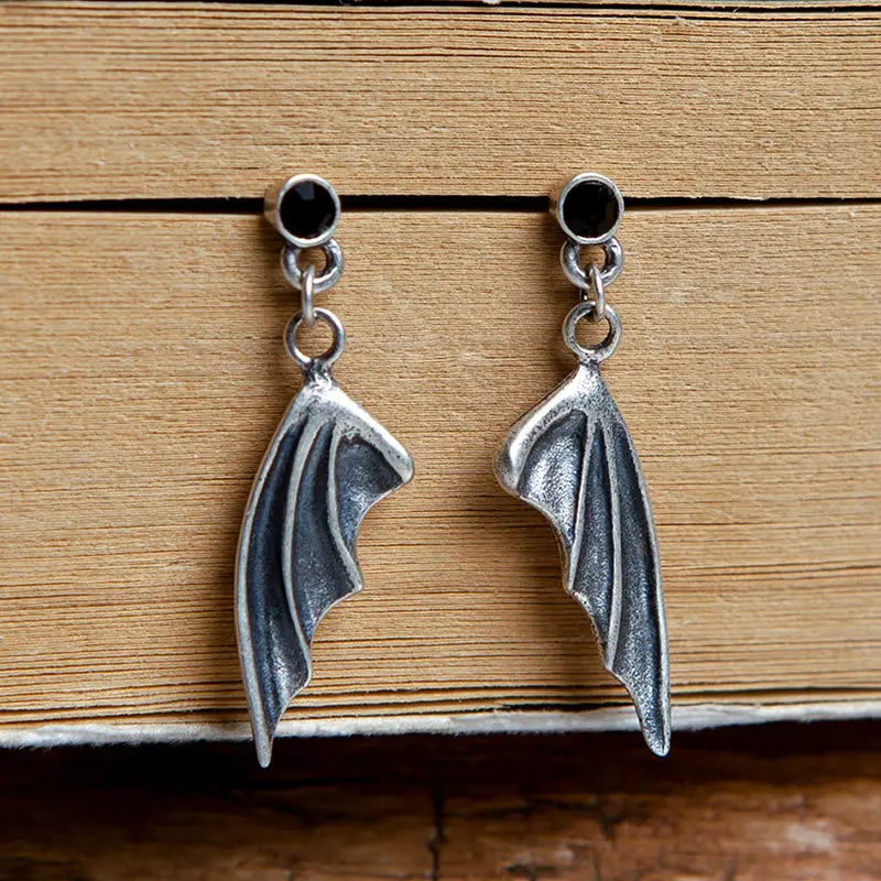 

Gothic Genuine Antique S925 Sterling Silver Earrings Vintage Demon Bat Wings Dangling Earrings Hip Hop Rock Jewelry