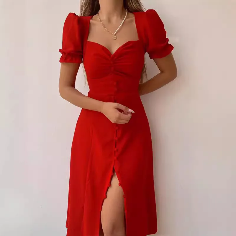 

2025 New Fashion Sexy Button Slim Puff Sleeve Dress Women Summer Elegant Solid Color One-Neck Slit Dresses For Women