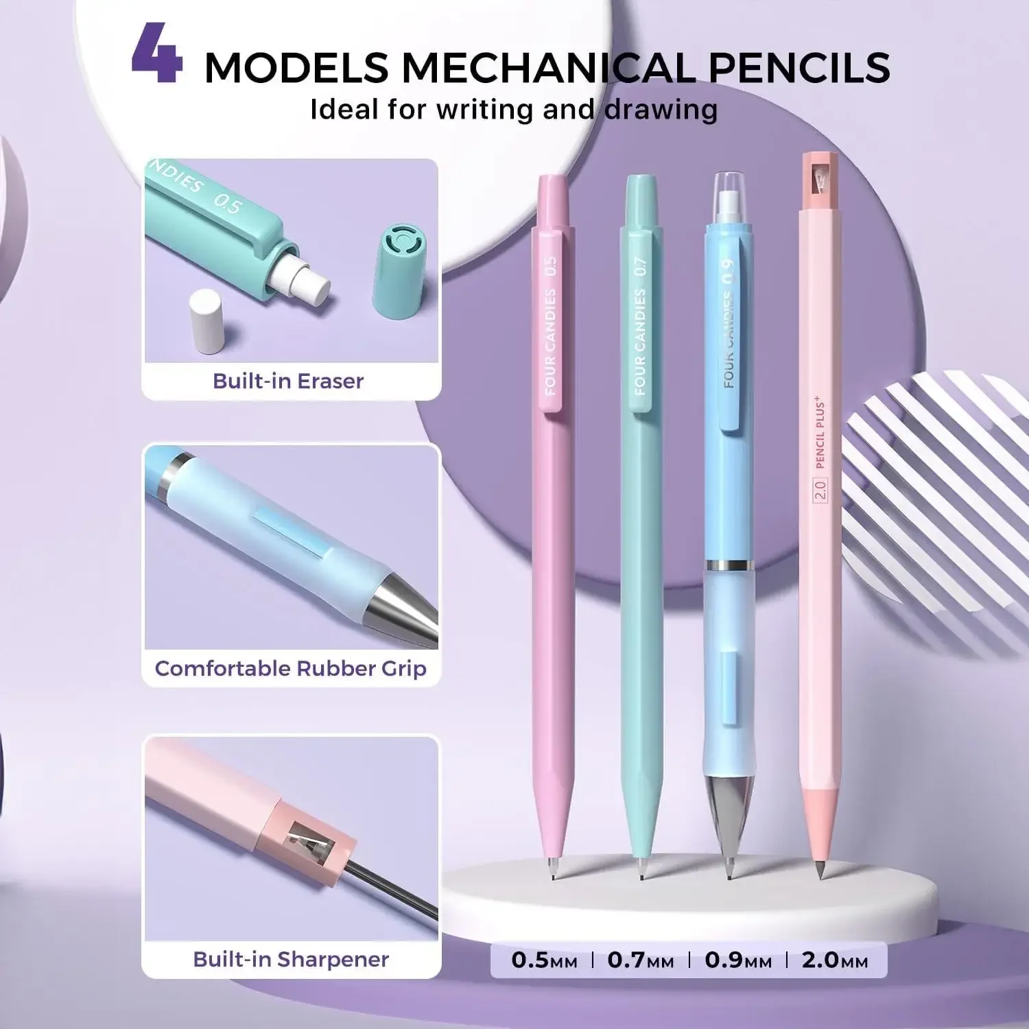Four Candies 36PCS Learning Materials, Aesthetic School Supplies in Large Capacity Pencil Case, 12PCS Mechanical Pencils 0.5-2.0mm with 624PCS Lead Refills,Cute Aesthetic Mechanical Pencils for Writing,Drawing & Drafting, Back to School Supplies Shopping view 3
