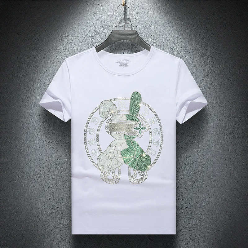 2025 Rhinestones T Shirt Men Cartoon Pattern Fashion Streetwear High Quality Short Sleeve O Neck Slim T-shirts Man Plus Size 7XL