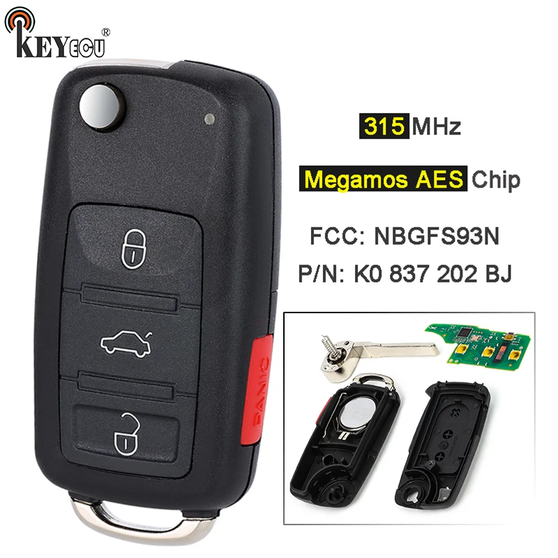 

KEYECU 315 МГц Megamos AES ID88 NBGFS93N 5K0 837 202 BJ Smart Remote Key Fob для VW VolksWagen Jetta Passat Tiguan 2017 2018