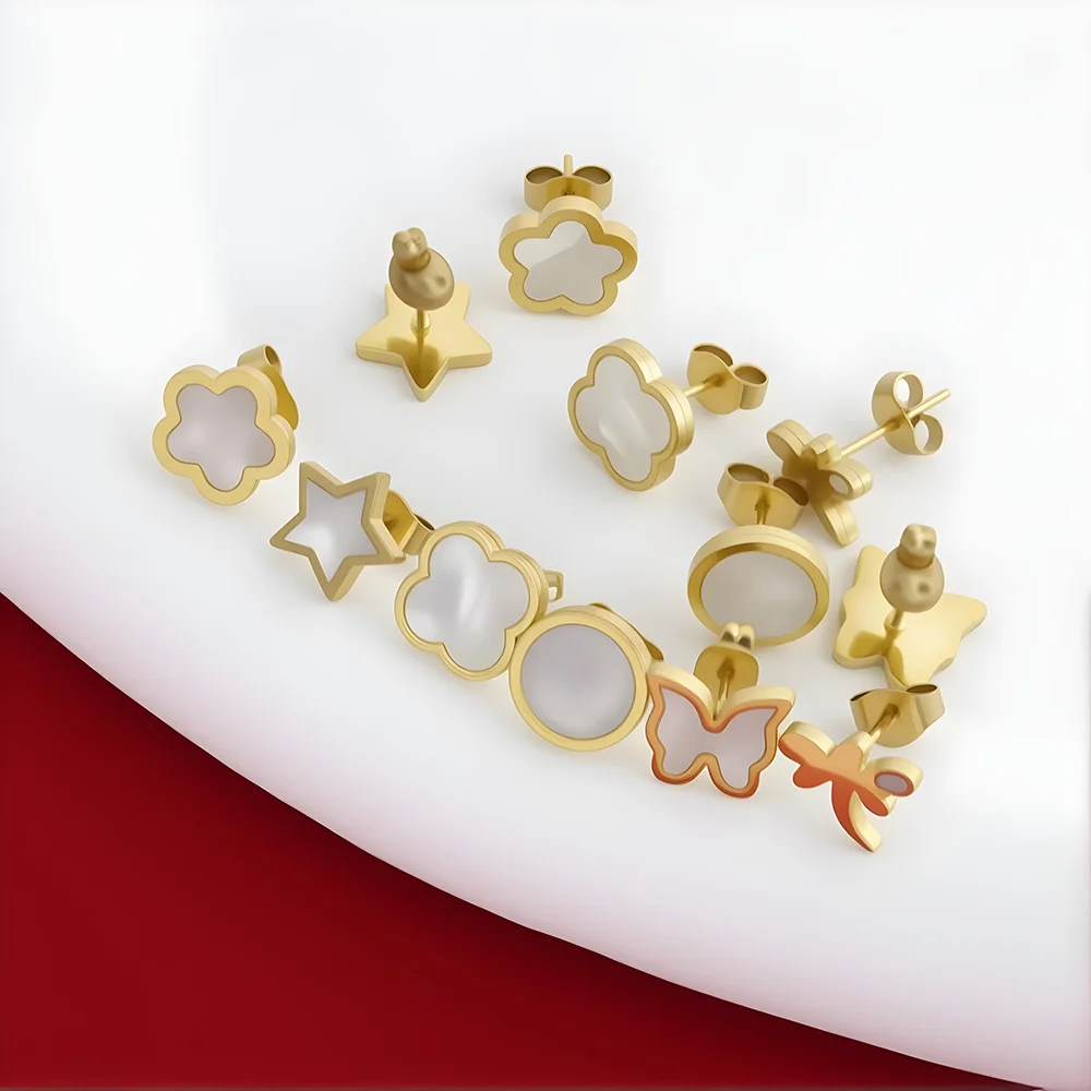 316L Stainless Steel Golden Plum Blossom Five Leaf Flower Stud Earrings For Women Fashion Waterproof Clover Jewelry Gift