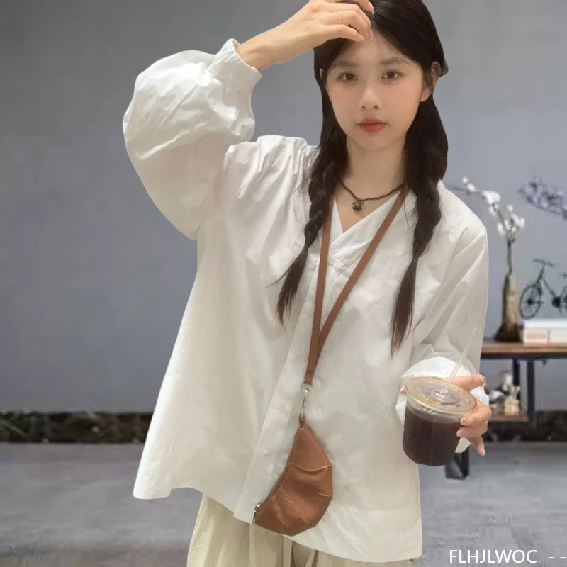 Jesień 2025 Bawełniane Bluzki Podstawowe Koszule Bluzki Damskie Jesienne Retro Vintage Niebieska Bluzka w Paski Elegancki Japoński Koreański Design Odzieży Bluzki