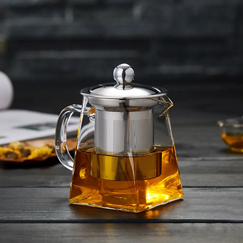 Heat Resistant Glass Teapot With Stainless Steel Coffee Infuser Heated Container Tea Pot Good Clear Kettle Square Filter Baskets