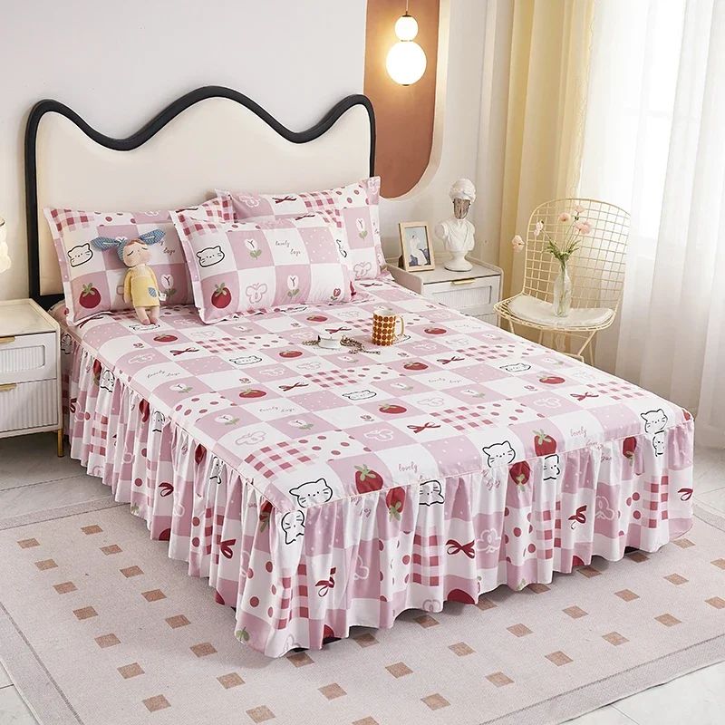 Cute Plaid Strawberry Cotton Bed Skirt Set for Girls 3pcs Kawaii Japanese BedSheet 14 Inch Drop Dust Ruffle Cartoon Bed Skirts