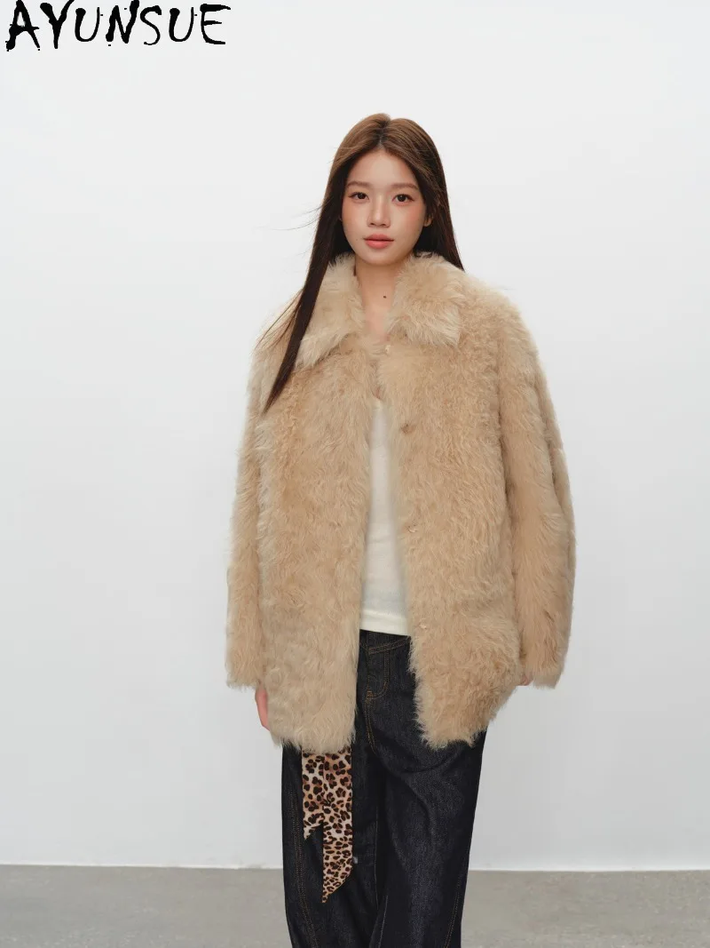 YUSNUE Womens Tuscan Shearling Fur Coat Semi Curly Sheepskin One Piece Fur Jacket Female Warm Winter Clothes Mid Lengtg Real Fur
