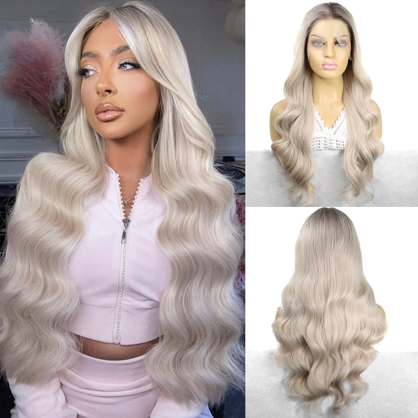 

Ombre Пепельно-русый цвет, 13x3, синтетические волосы, кружевные передние парики для женщин, 26 дюймов, длинный натуральный волнистый кружевной фронтальный парик, ежедневное использование