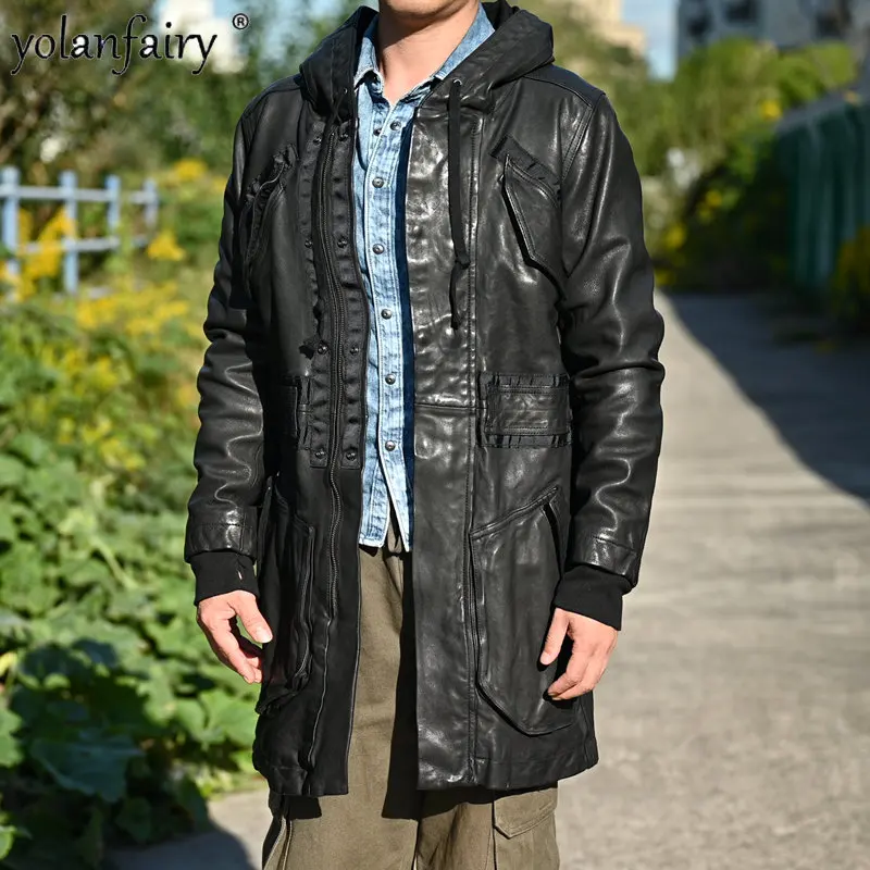 Genuine Leather Men Vintage Fashion Leather Jackets Men's Sheepskin Windbreaker Casual Hooded Medium-long Leather Coat Chaqueta