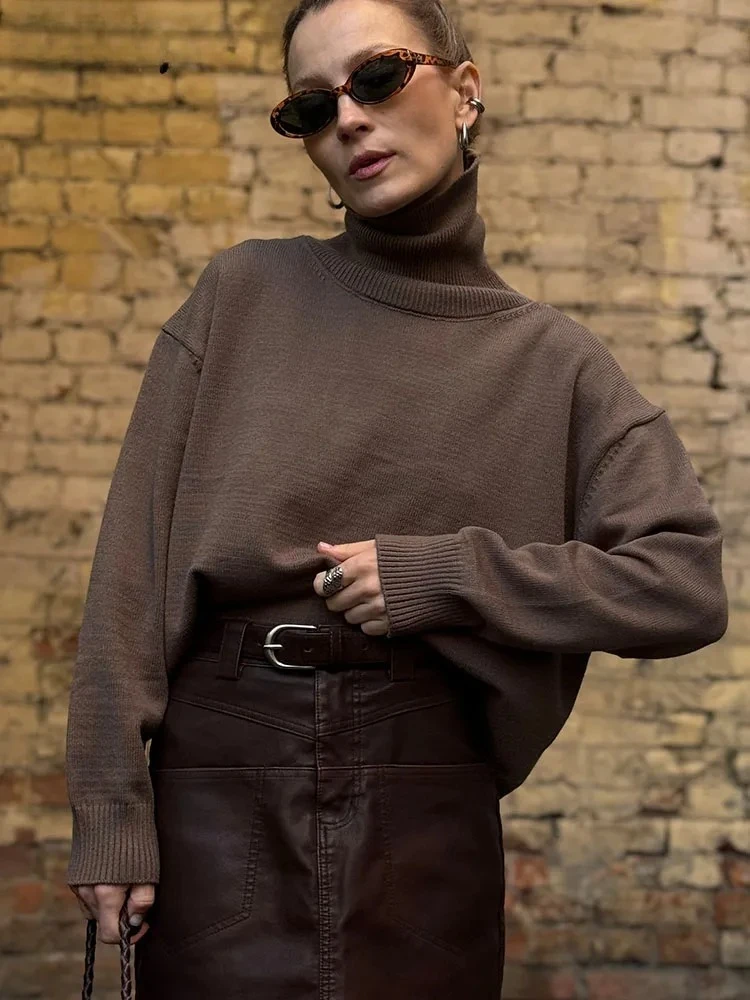

Turtleneck Yellow Sweaters For Women Autumn Long Sleeve Loose Short Knitted Pullovers Warm Soft Brown Sweater Women Oversized