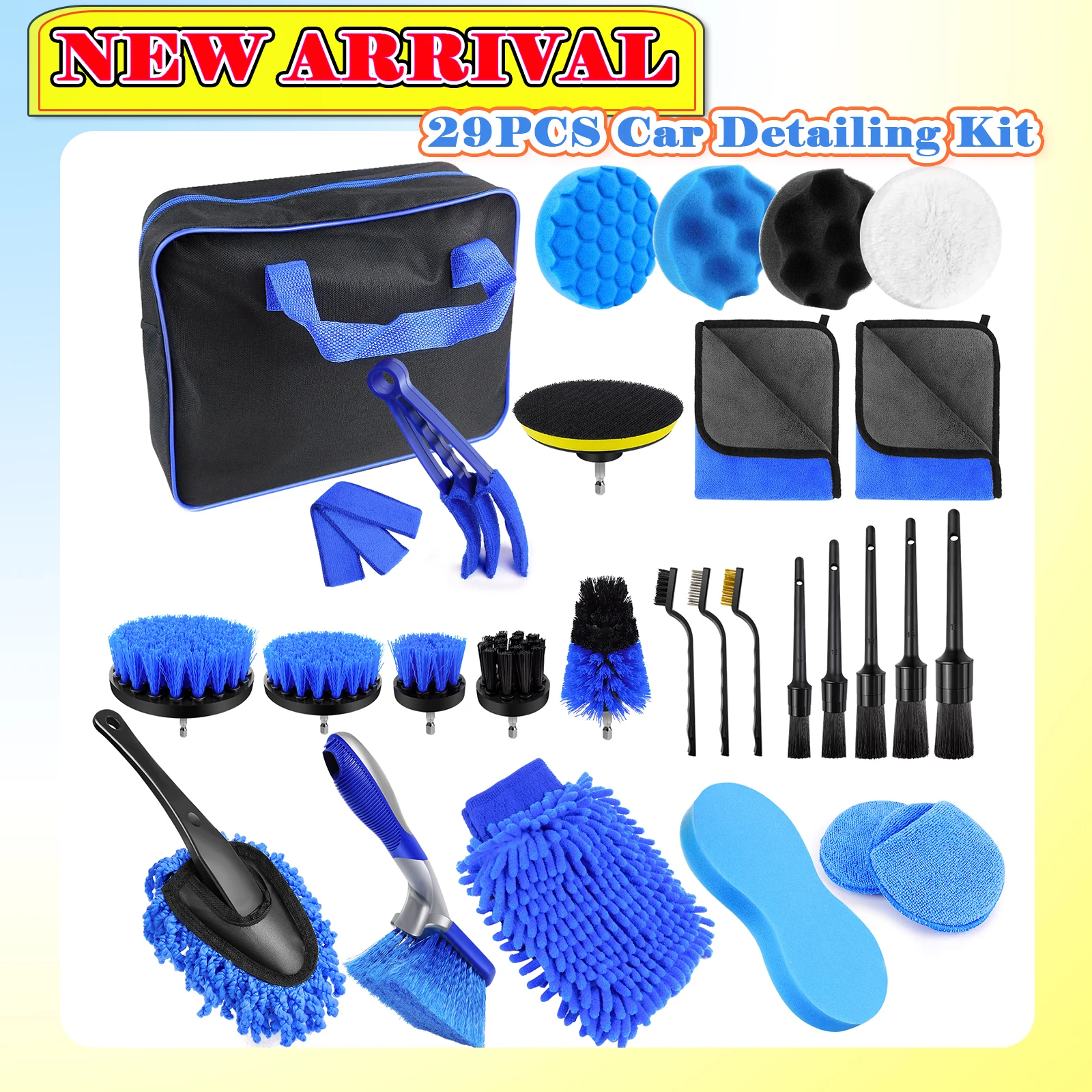 Kit de détails de voiture 29 pièces, Kit de nettoyage de voiture pour nettoyer les roues, l'intérieur, l'extérieur, le cuir, le tableau de bord, les évents