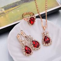 3Pcs/Set Necklace Earrings Ring Set Water Drop Rhinestone Pendant Necklace Earrings Ring Jewelry Charm Ladies Jewelry