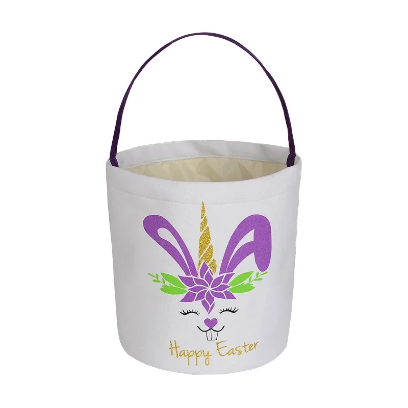 Bunny Canvas Easter Basket 2024 Color Assorted Glitter Unicorn for Kids Unisex Festival Decoration Silk Screen Easter Bucket