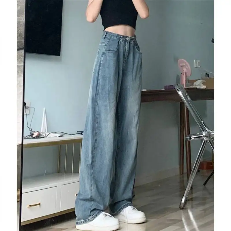 

High Waist Wide Leg Denim Jeans Women's Straight Cut Floor Length Slimming Pants Trendy High Street Style Student Fashion