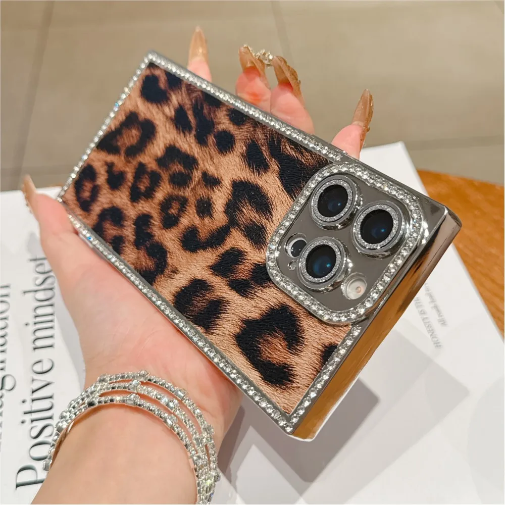 Funda de teléfono con estampado de leopardo y diamantes de lujo para iPhone 16, 15, 14, 13, Pro Max Plus, protección de cámara, cubierta chapada a prueba de golpes