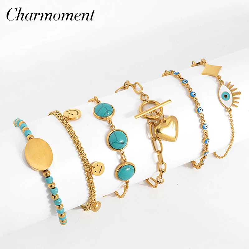 CHARMOMENT Turquoise Charm Bracelets Stainless Steel Hand Chain Evil Eye Smile Face Aesthetic Boho Women Heart Anklet Jewellery