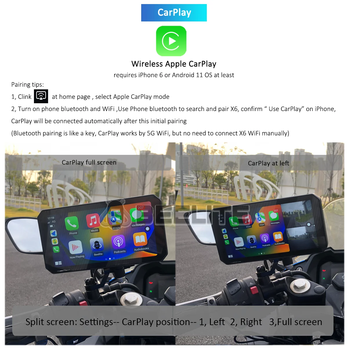 Beelite 6 Inch Motorcycle Wireless CarPlay Android Auto Navigator With 1080P DVR Recorder BSD, Crossbar Mount, TPMS Optional