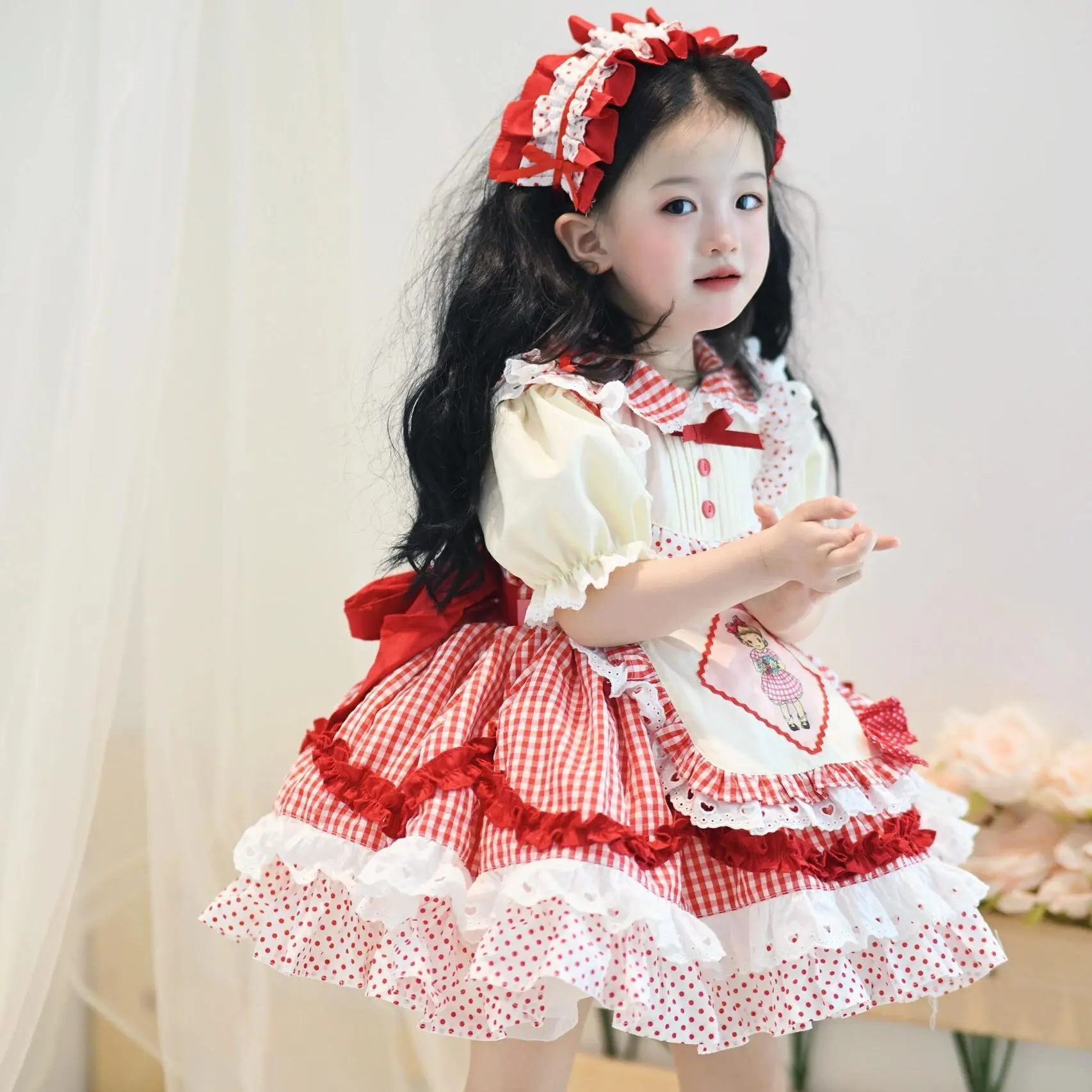 New Summer Girls Lolita Dress Lace Cartoon Cute Princess Dress Plaid Bow Puffy Dress for Kids Weddings Birthday Party for 2-9Yrs