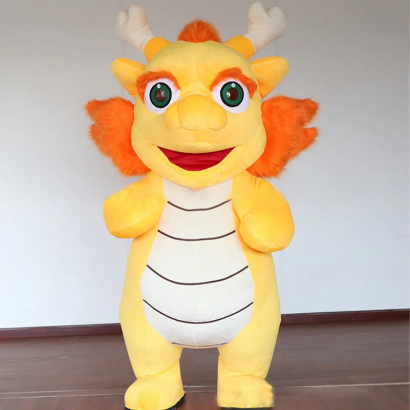 Traje inflável do mascote do dragão peludo, terno cosplay peludo para adultos e crianças, mais novo, pré-venda