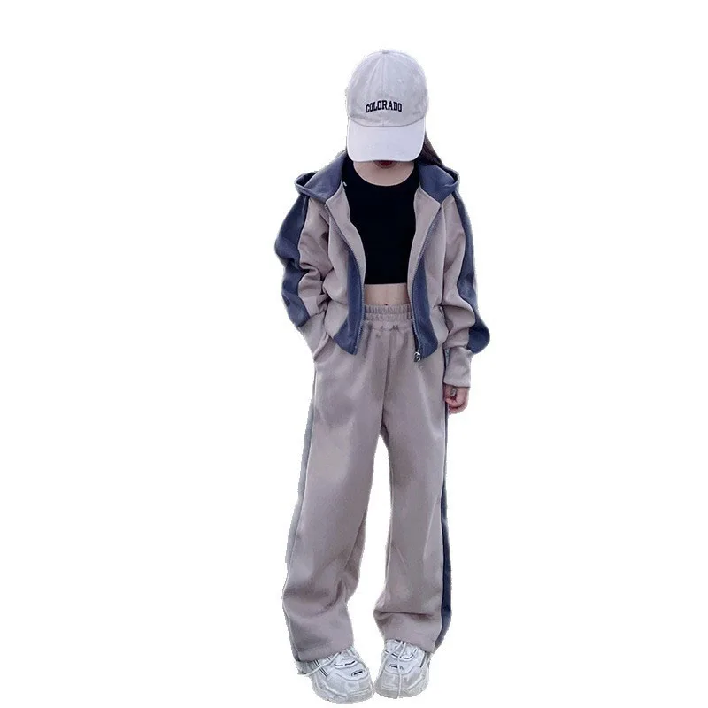 2026 autumn winter girls Children set Jacket splicing striped Teenager top Hooded + wide leg pant tracksuit 4 6 8 10 12 14 year