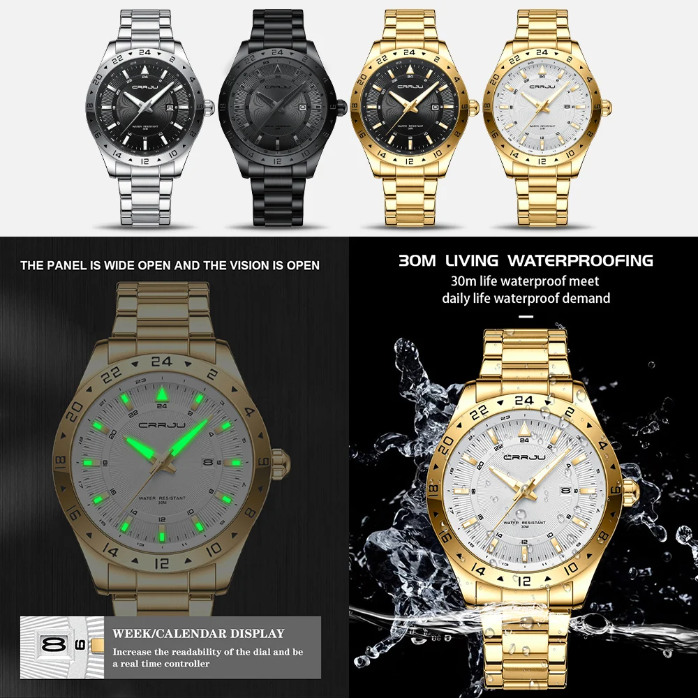 CRRJU Watch for Men Casual Style Stainless Steel Simple Business Quartz Wristwatches with Date High Quality Male Clock Luminous