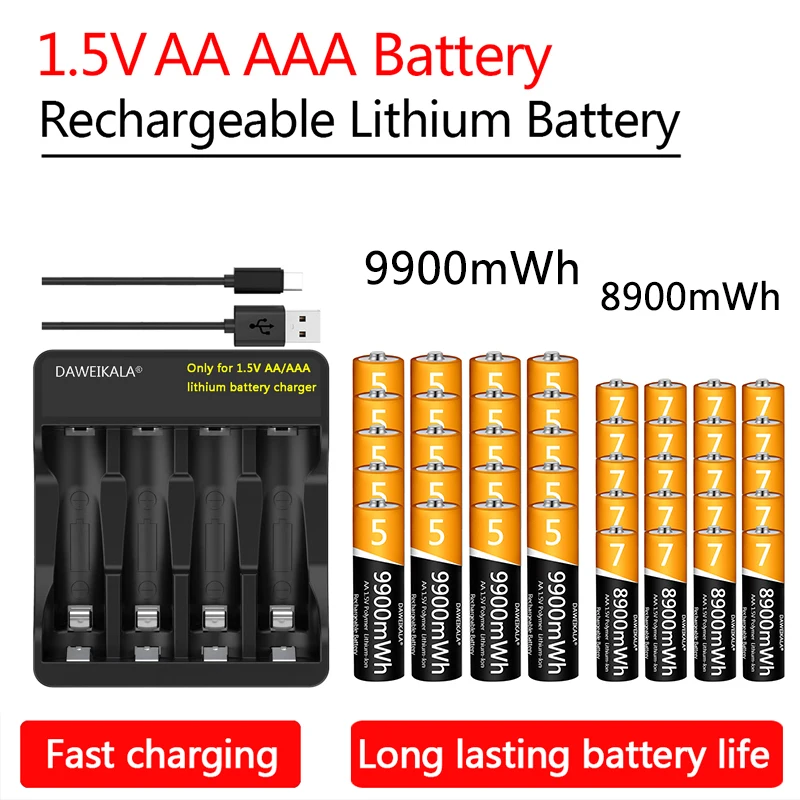 AA AAA Battery 9900mWh 8900mWh 1.5V Rechargeable Lithium-ion Battery for remote control mouse small fan Electric toy USB charger