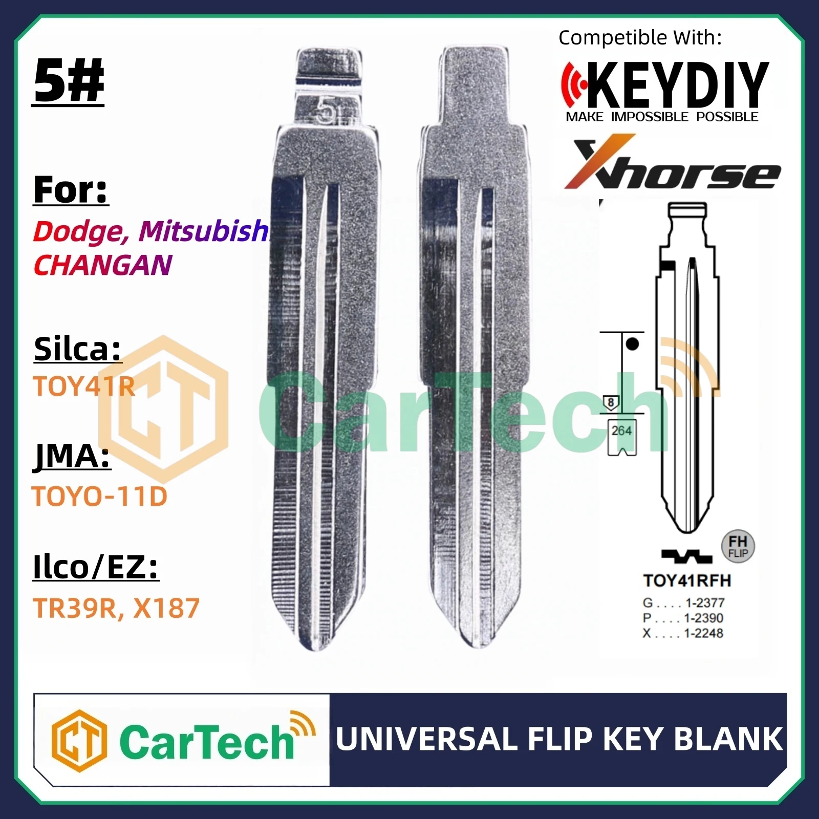 Cartech  5# Right Uncut Flip Blank Key Blade for KEYDIY KD XHORSE VVDI Universal Remote Fit Dodge Mitsubishi CHANGAN
