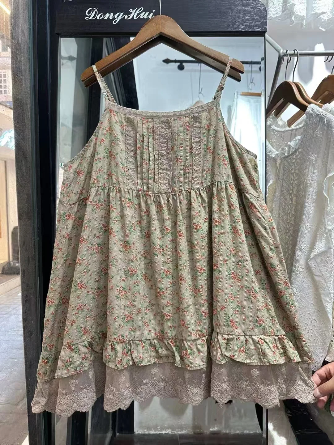 빈티지 모리 걸 꽃 프린트 레이스 패치 워크 슬립 드레스 여성 여름 새 캐주얼 루즈 스파게티 스트랩 a 라인 미디 드레스