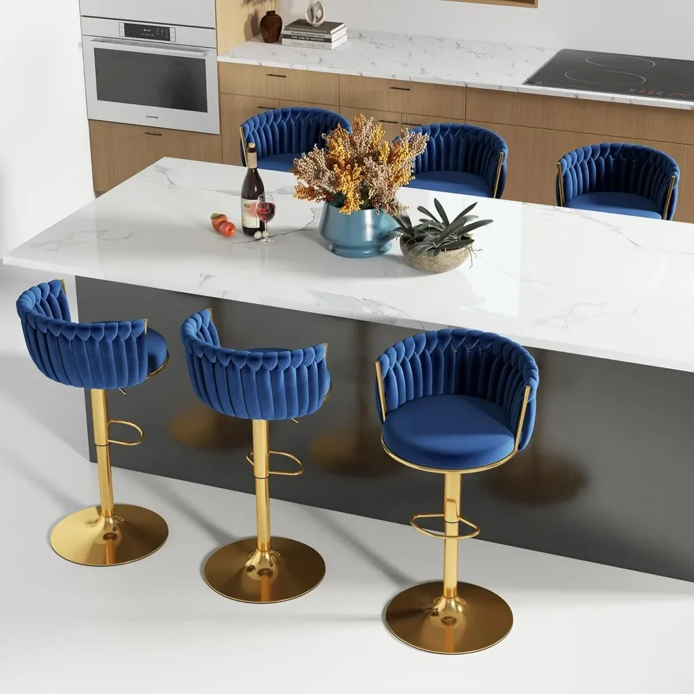 Gold Bar Stools, Velvet Woven Barstools, Swivel & Height Adjustable Counter Stools with Upholstered Backrest