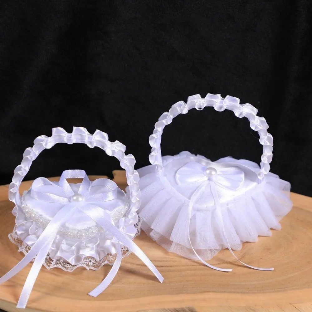 Exquisite Mini Wedding Ring Box Bowknot Heart Shape Bride Ring Basket with Handle Double Ring Ring Storage Box Valentines Day